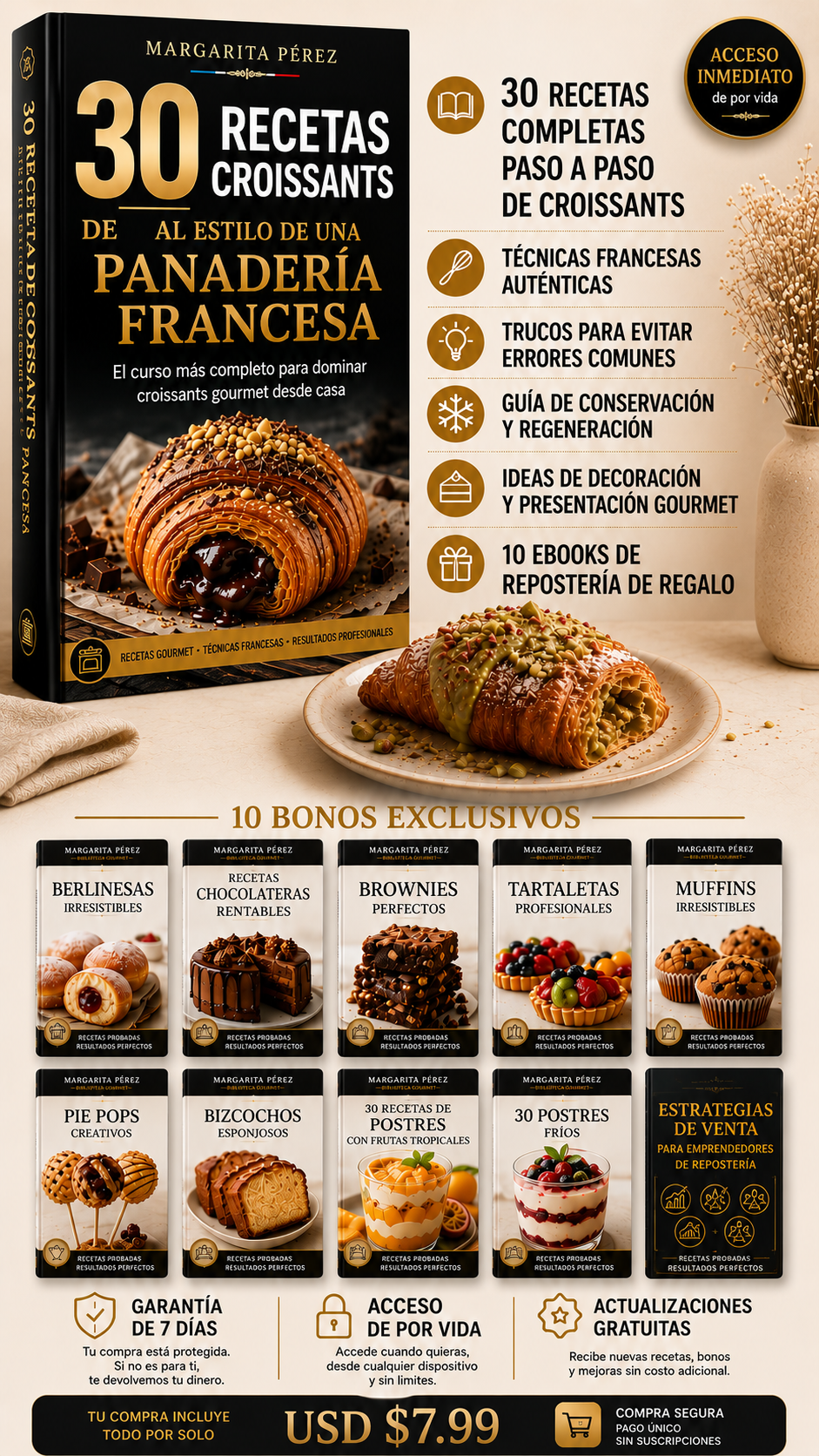 Todo lo que incluye el programa: 30 recetas de croissants y 10 bonos exclusivos